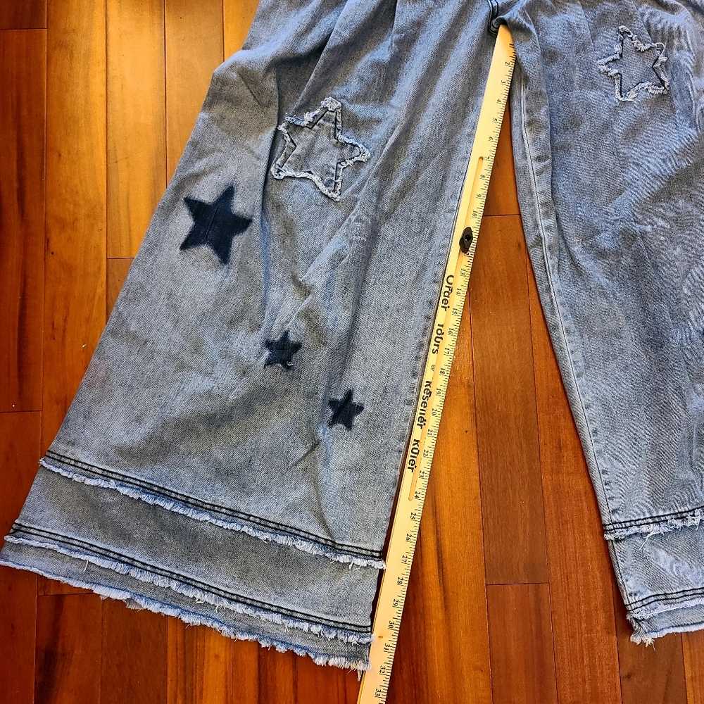 Blue Velvet Barrel Super Flare-Leg Denim Pants w/Star Details Sz:M Boho Festival - Picture 5 of 12